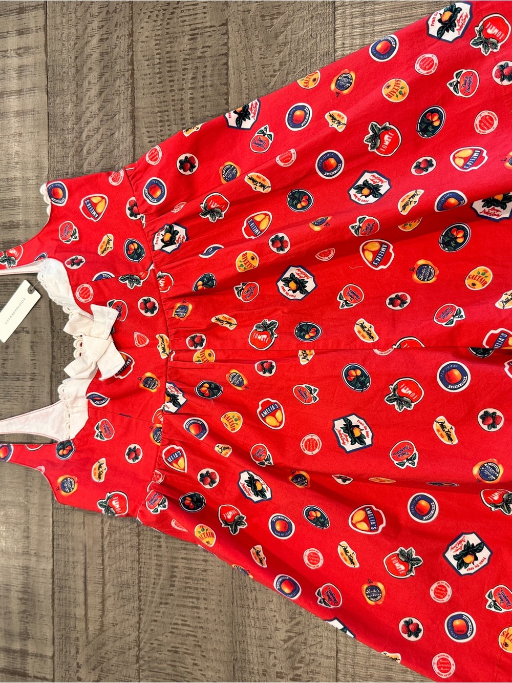 Anthropologie NWT Red Romper with White Crochet and fruit icons